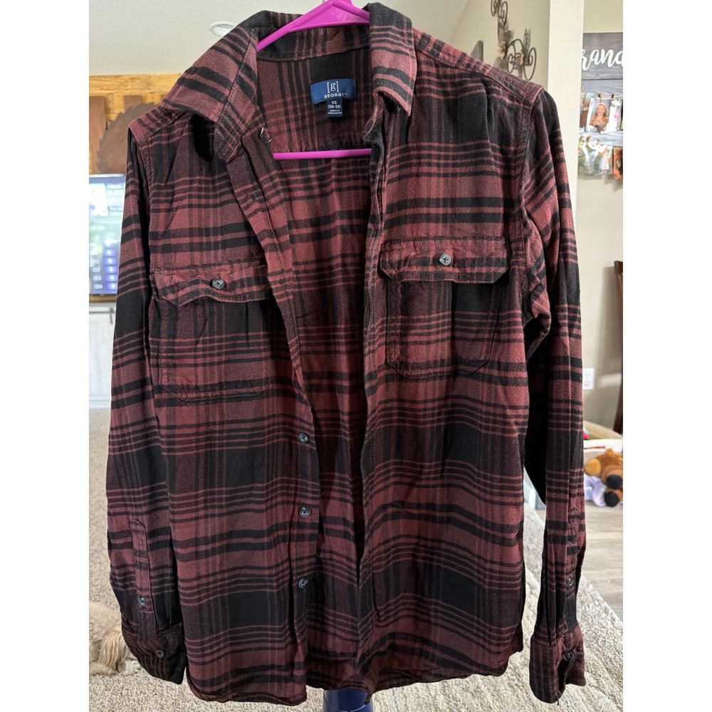 George Mens Flannel Button Down Shirt XS 30-32 Burgundy Black Plaid Long Sleeve